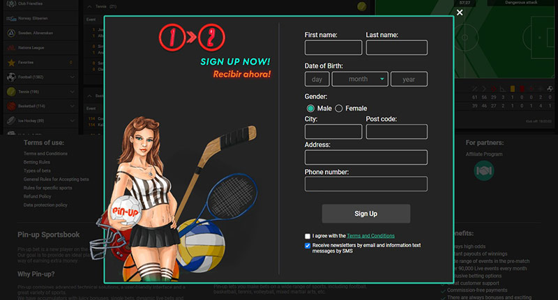 Sign-up form to placing bets on Pin-Up Bet